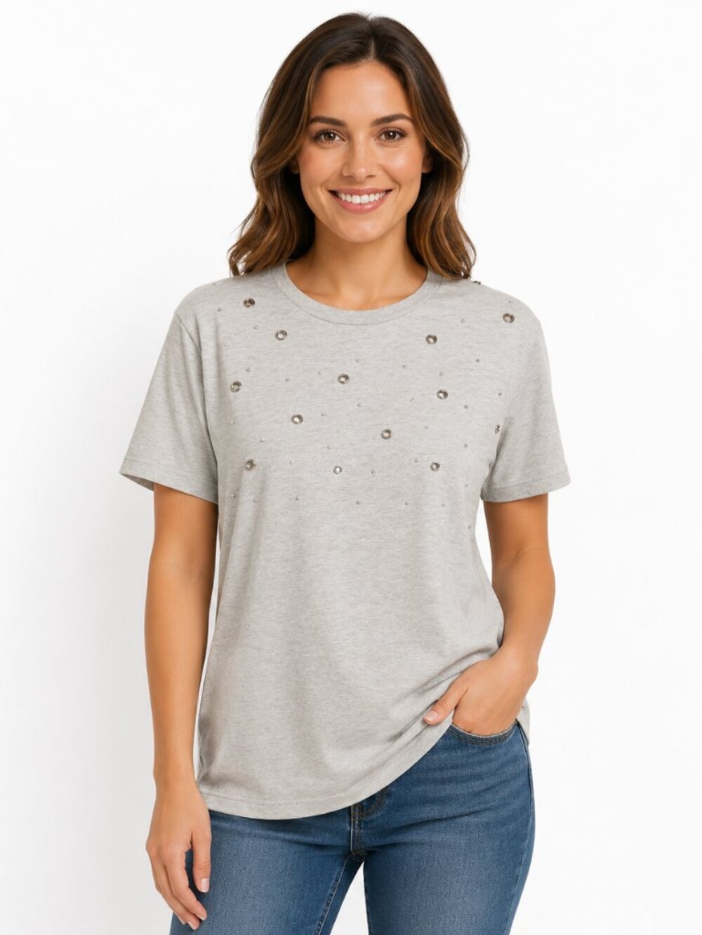 Rose & Grey 2X Embellished Gray Tee Rhinestone Stud Top Plus Size NWOT